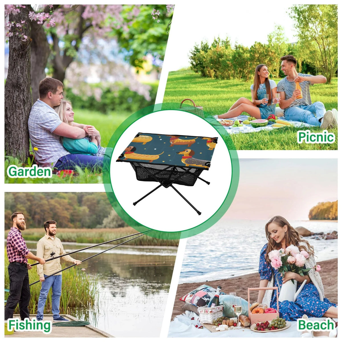 Cartoon Dachshund Dogs Camping Folding Table Portable Beach Table with Storage Bag Compact Picnic Table for Outdoor Travel Fishing