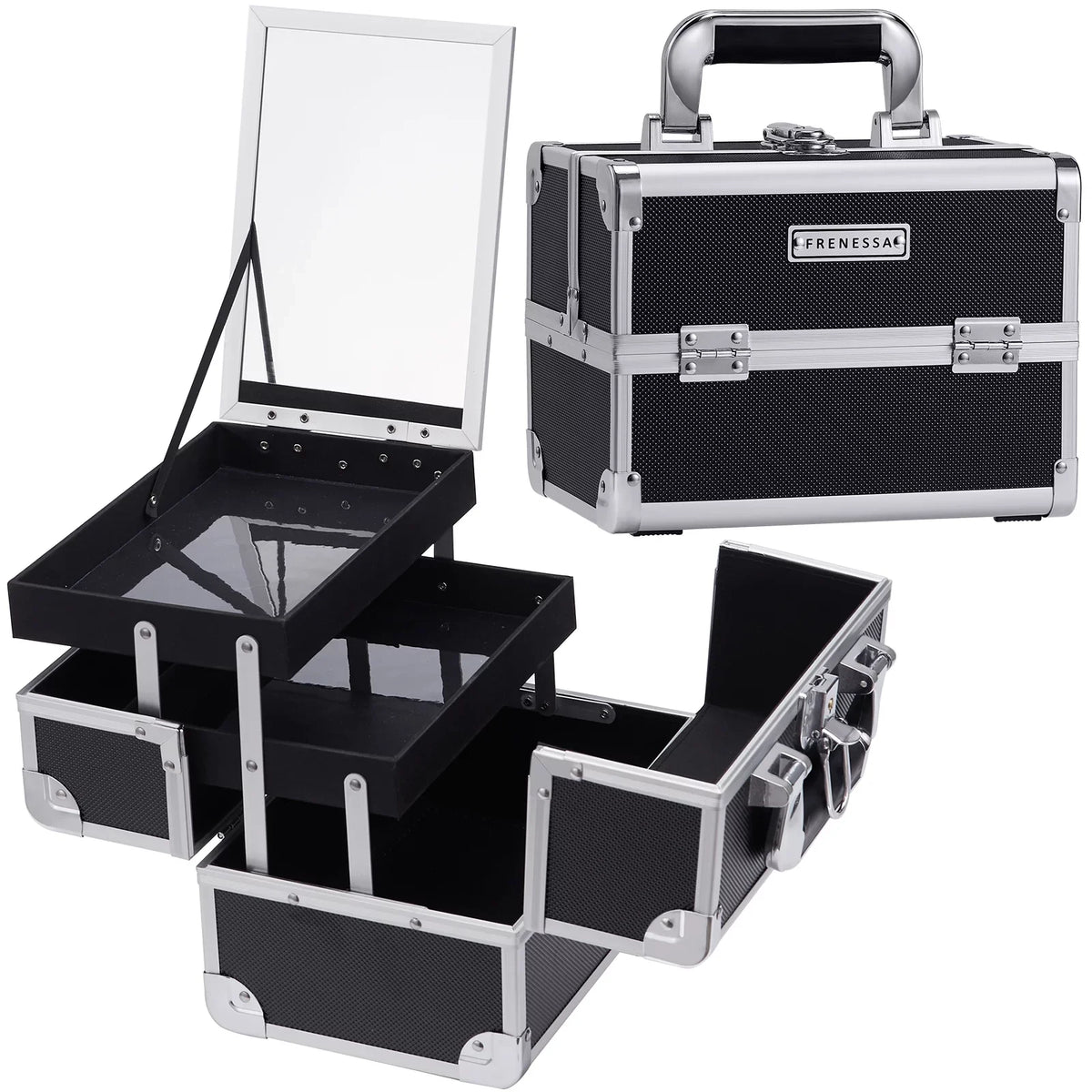 Joligrace Makeup Train Case Cosmetic Organizer Box with Mirror Lockable 2 Trays Makeup Storage Case