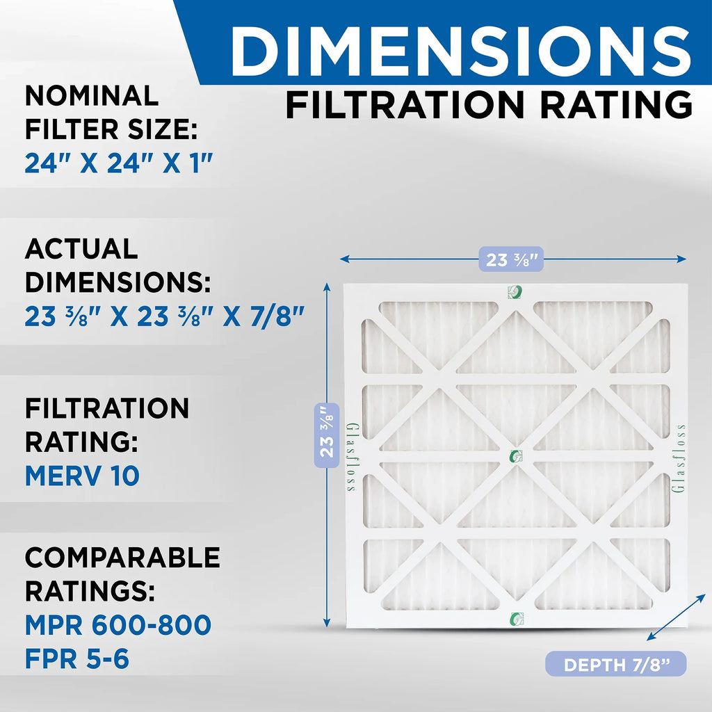 12 Pack of 24x24x1  10 Pleated Air Filters by Glasfloss. Actual Size: 23-3/8 x 23-3/8 x 7/8